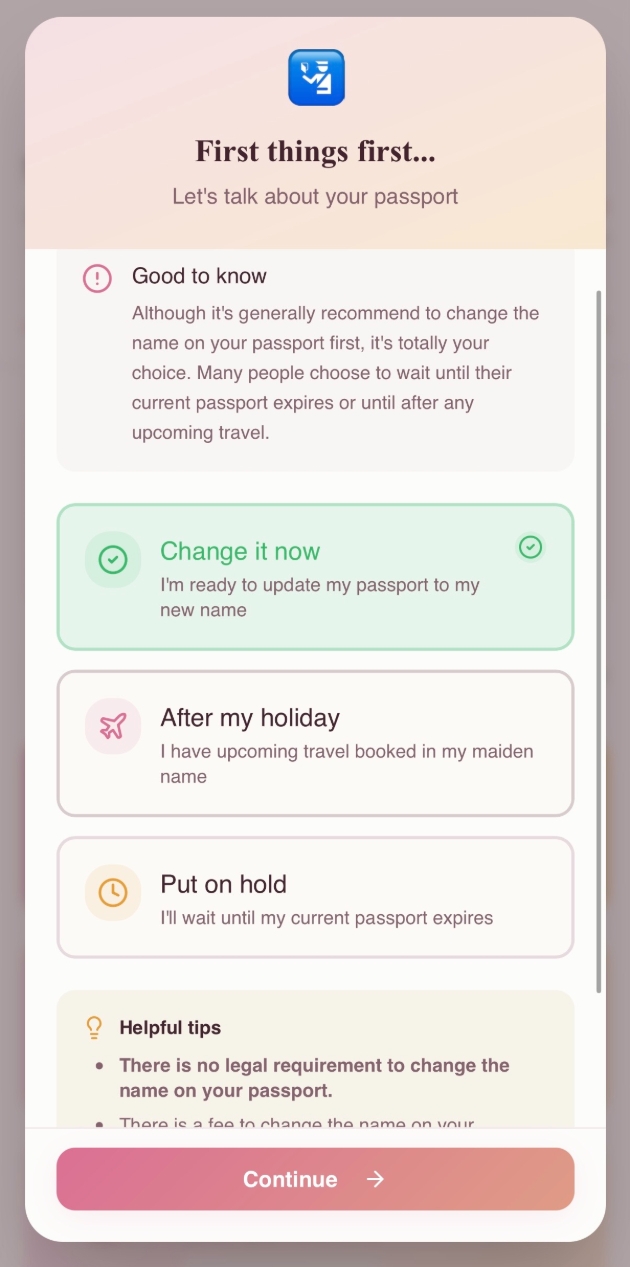 Name Change Navigator screen - first thing's first